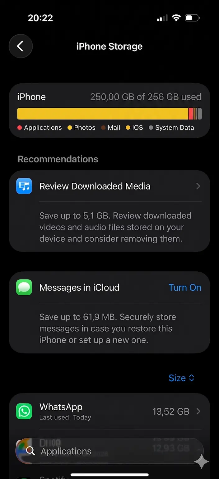 iPhone-opslag scherm in Instellingen met overzicht per app