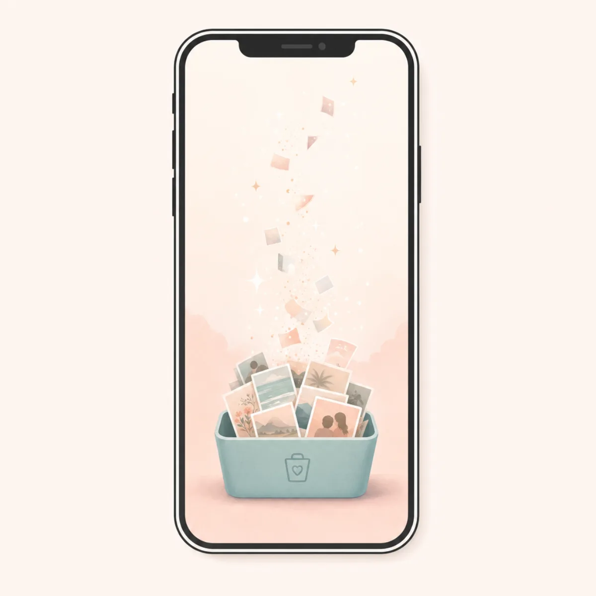 Illustration of the iPhone Recently Deleted album with a Select All and Delete All action highlighted, photo cards lifting away to free up space