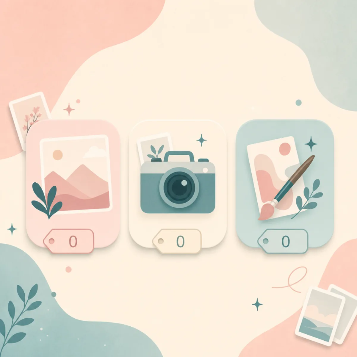 Editorial illustration of three pastel app tiles side by side, each with an empty price tag, suggesting free apps compared