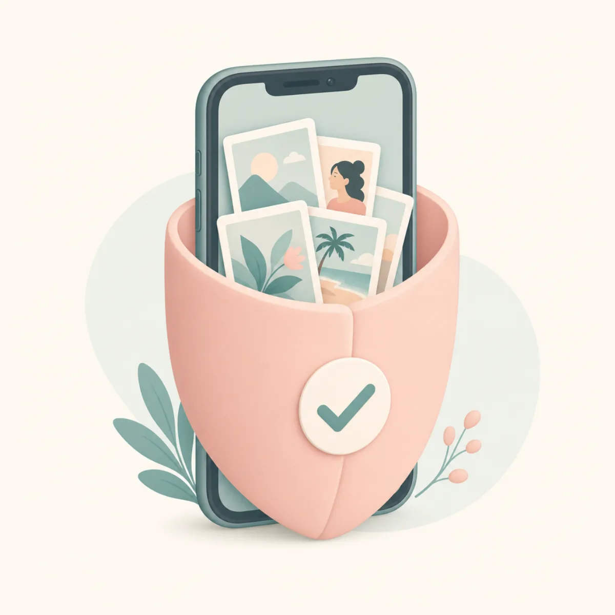 Editorial illustration of a smartphone wrapped in a soft protective shield with photos staying inside it, suggesting on-device privacy