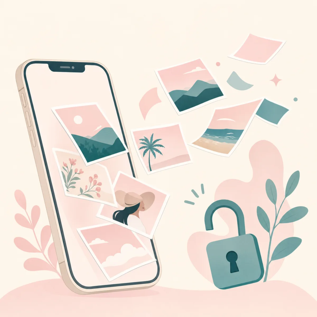 Editorial illustration of an iPhone with photo cards flowing freely out of it next to a small open padlock, suggesting a free, no-paywall photo cleaner