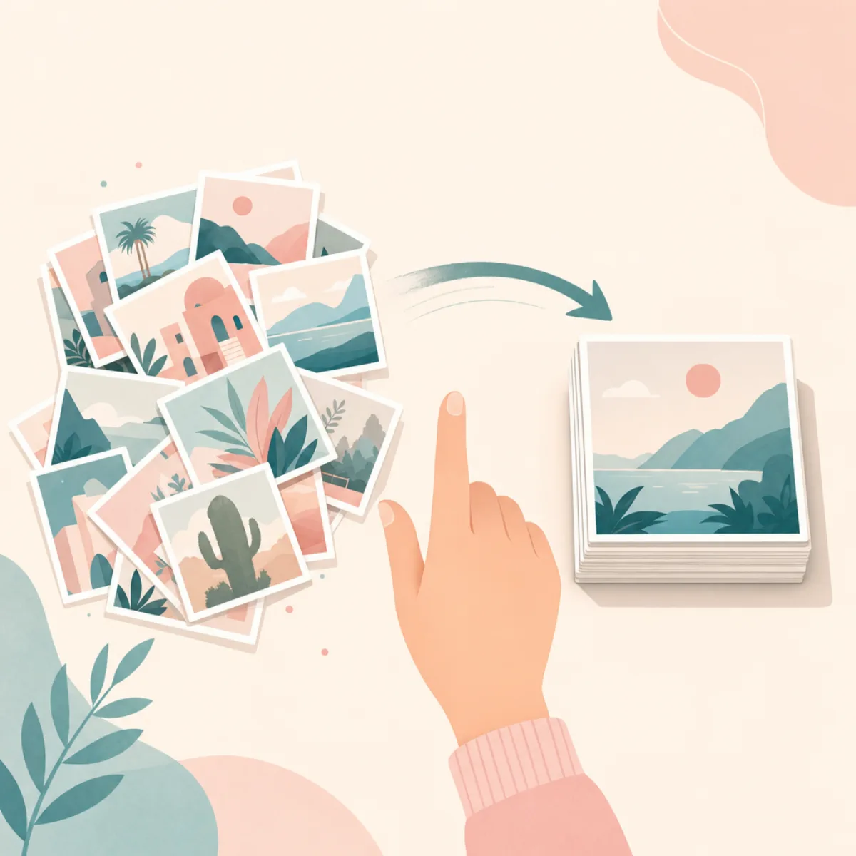 Editorial illustration of an overflowing stack of photos being tidied into a neat pile by a swipe gesture, soft pastel palette