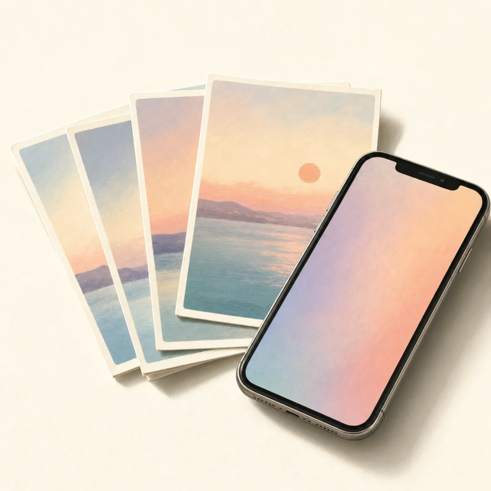 Editorial illustration showing a fan of nearly identical photo cards next to an iPhone, suggesting near-duplicate photos