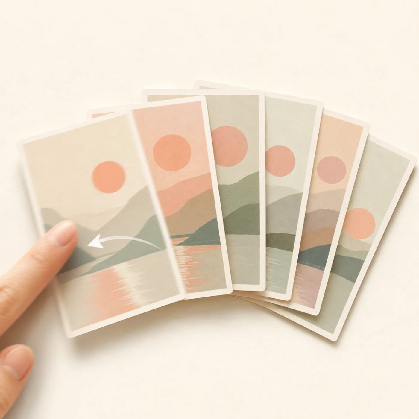 Illustration of a photo card sliding off to the left in a swipe-to-delete motion, with a fresh card sliding in from the right