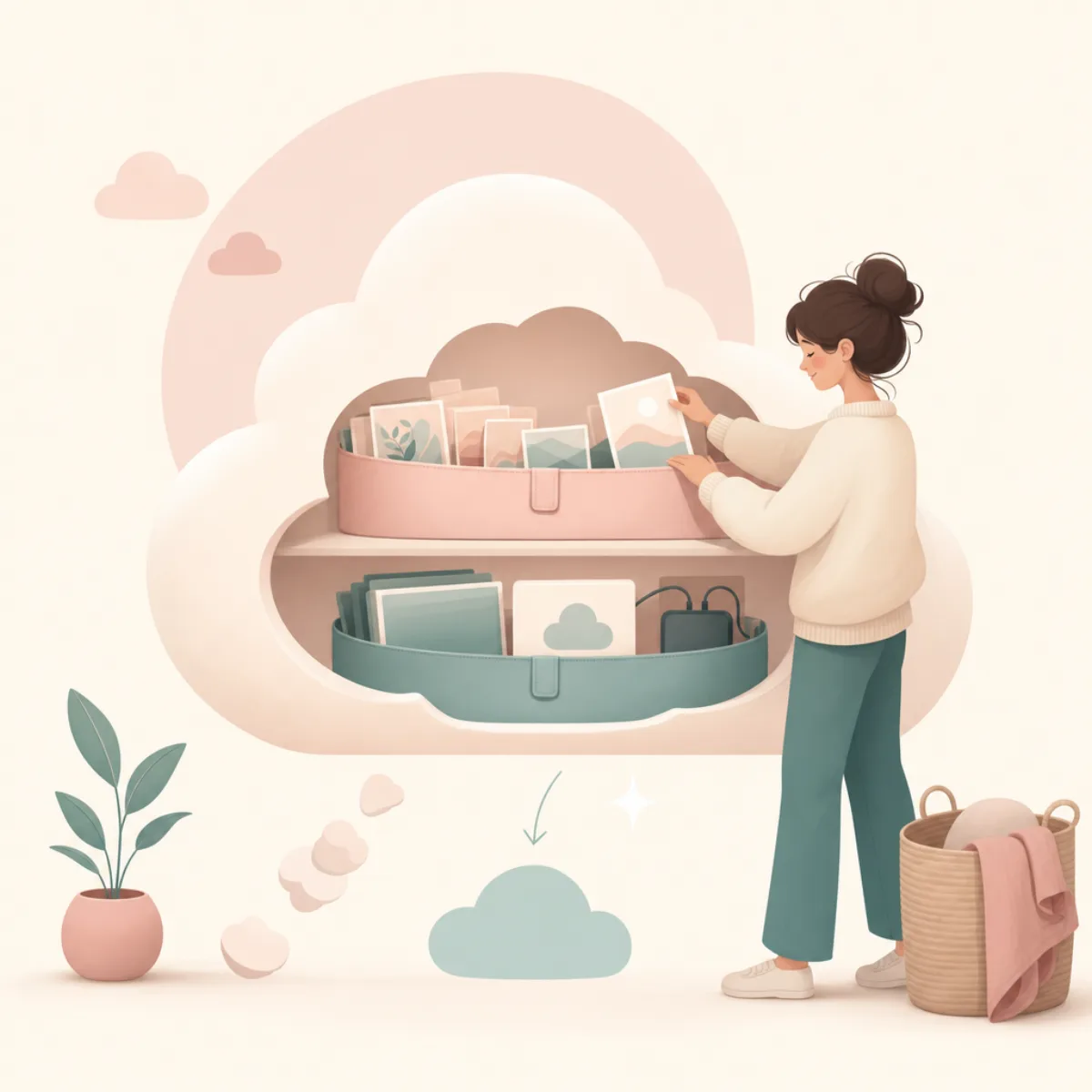 Editorial illustration of a cloud being gently decluttered, with neat labelled bands for photos and backups, soft pastel palette