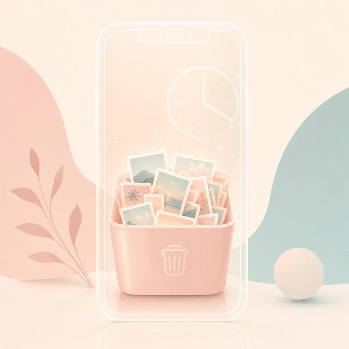Editorial illustration of a semi-transparent iPhone with a small holding bin inside still glowing full of photo cards, suggesting deleted photos that aren't actually gone yet