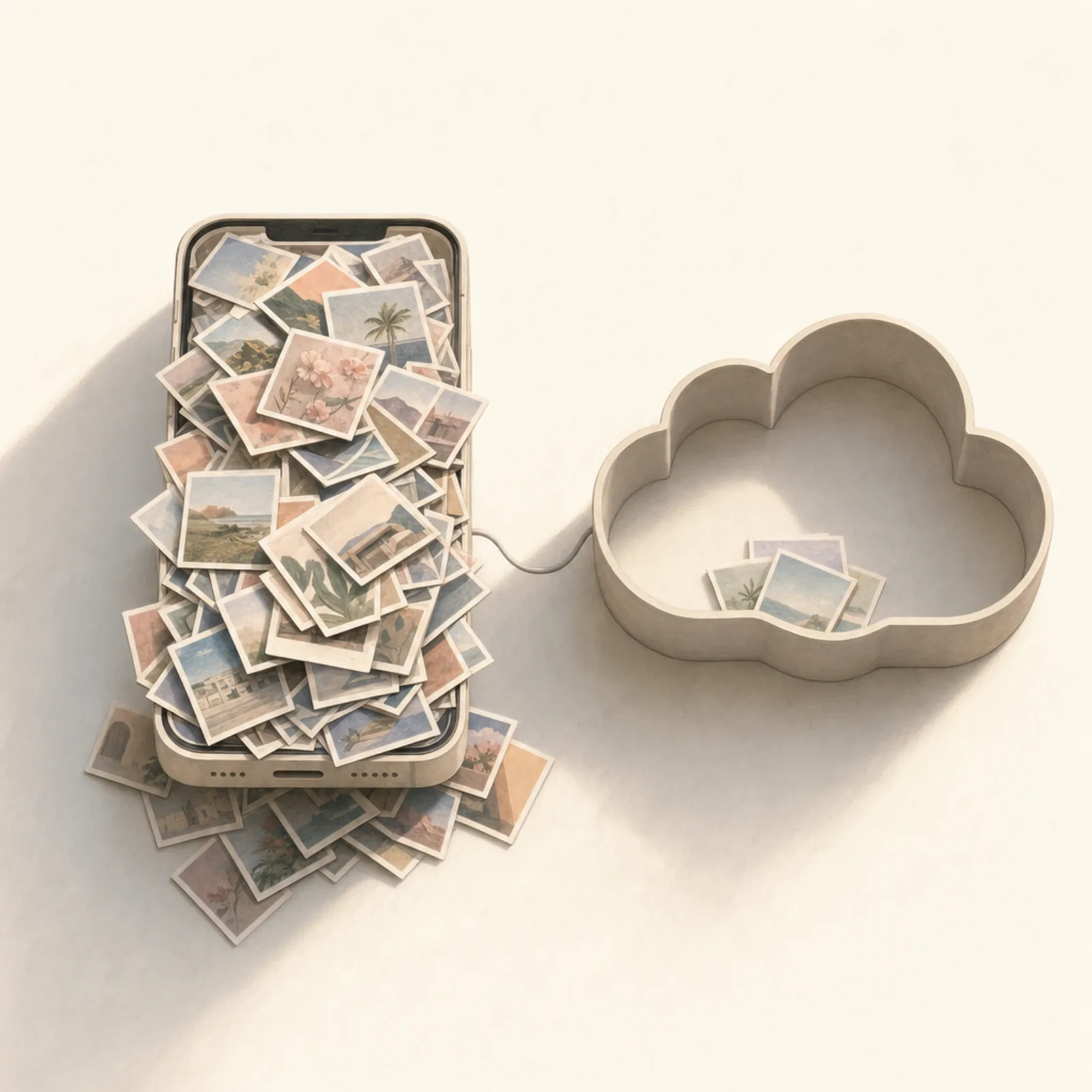 Editorial illustration showing two containers side by side: a full iPhone-shaped one and a nearly empty cloud-shaped one, suggesting the storage paradox