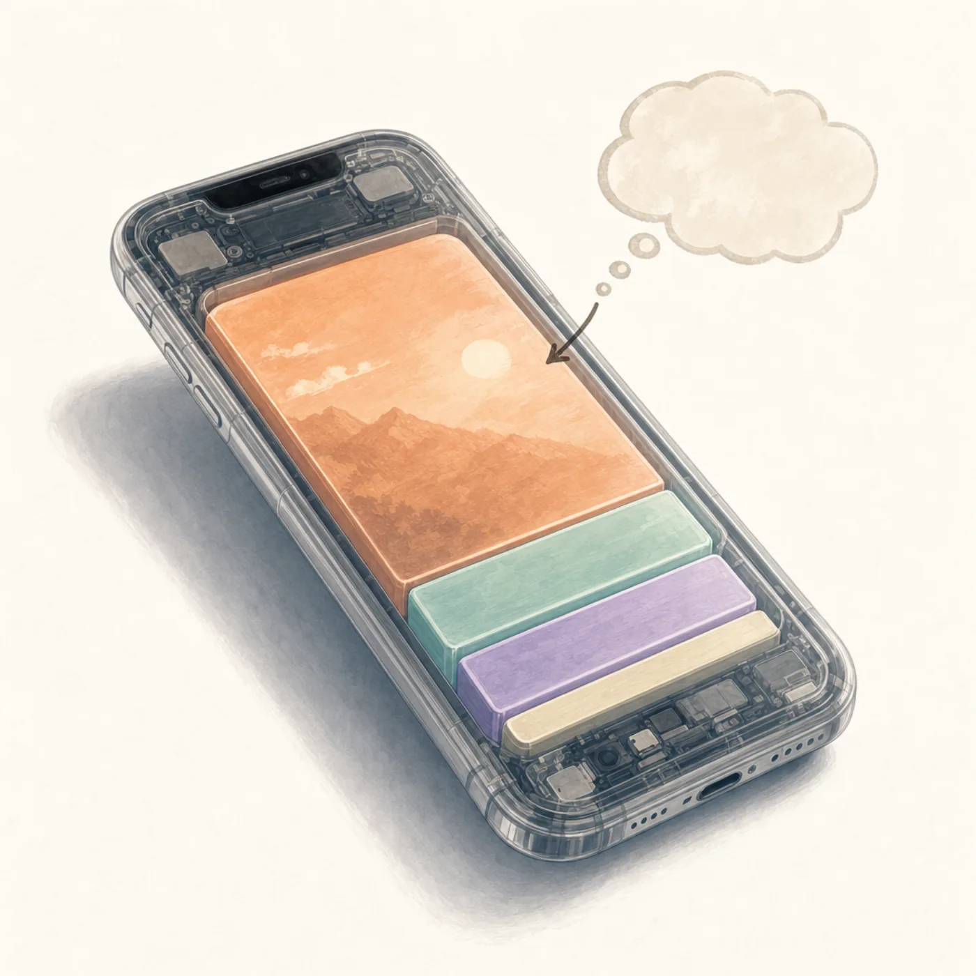Cross-section illustration of an iPhone showing colored storage categories inside, with the largest band representing photos