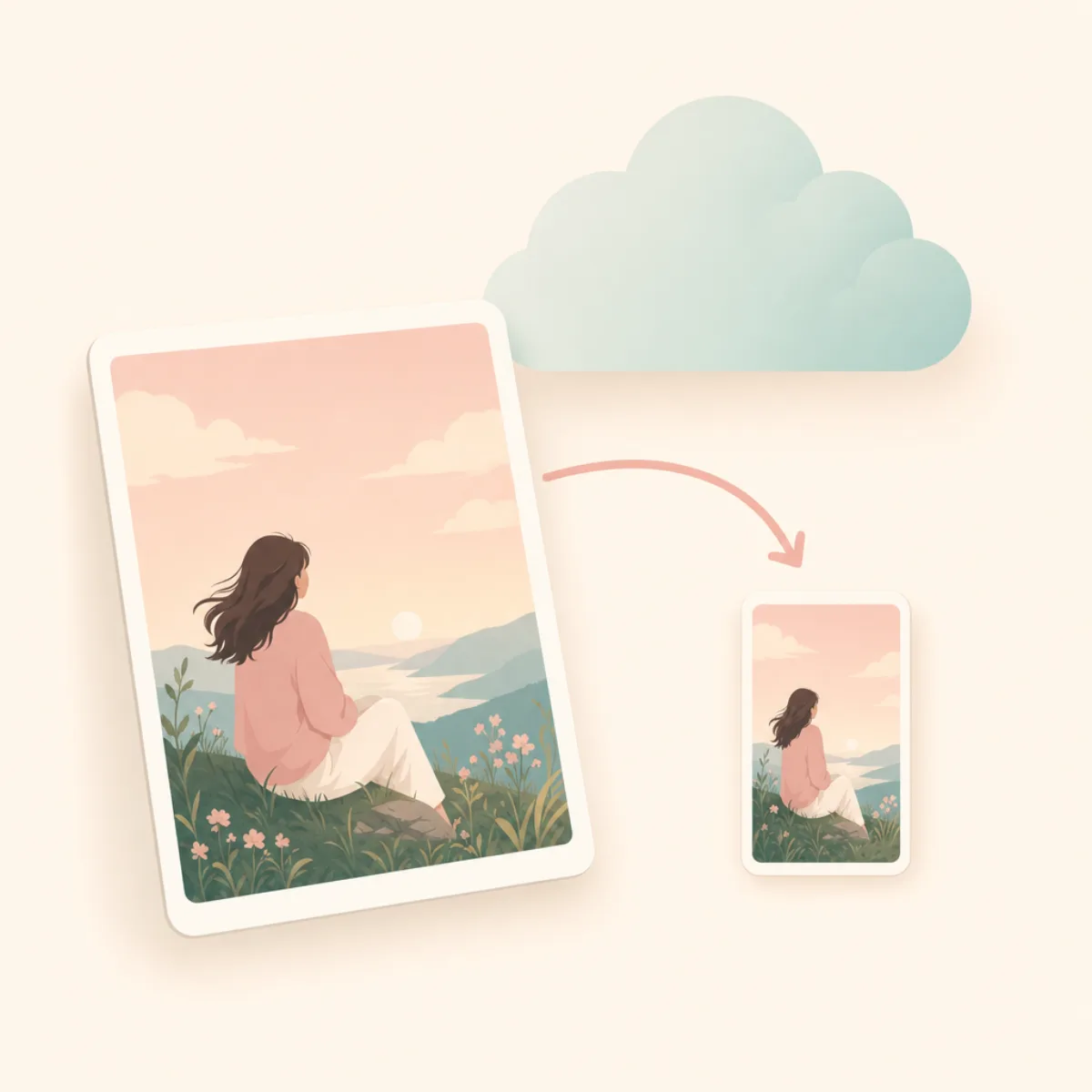 Editorial illustration of a large photo card and a small photo card connected by a soft arrow, with a cloud shape above them, soft pastel palette