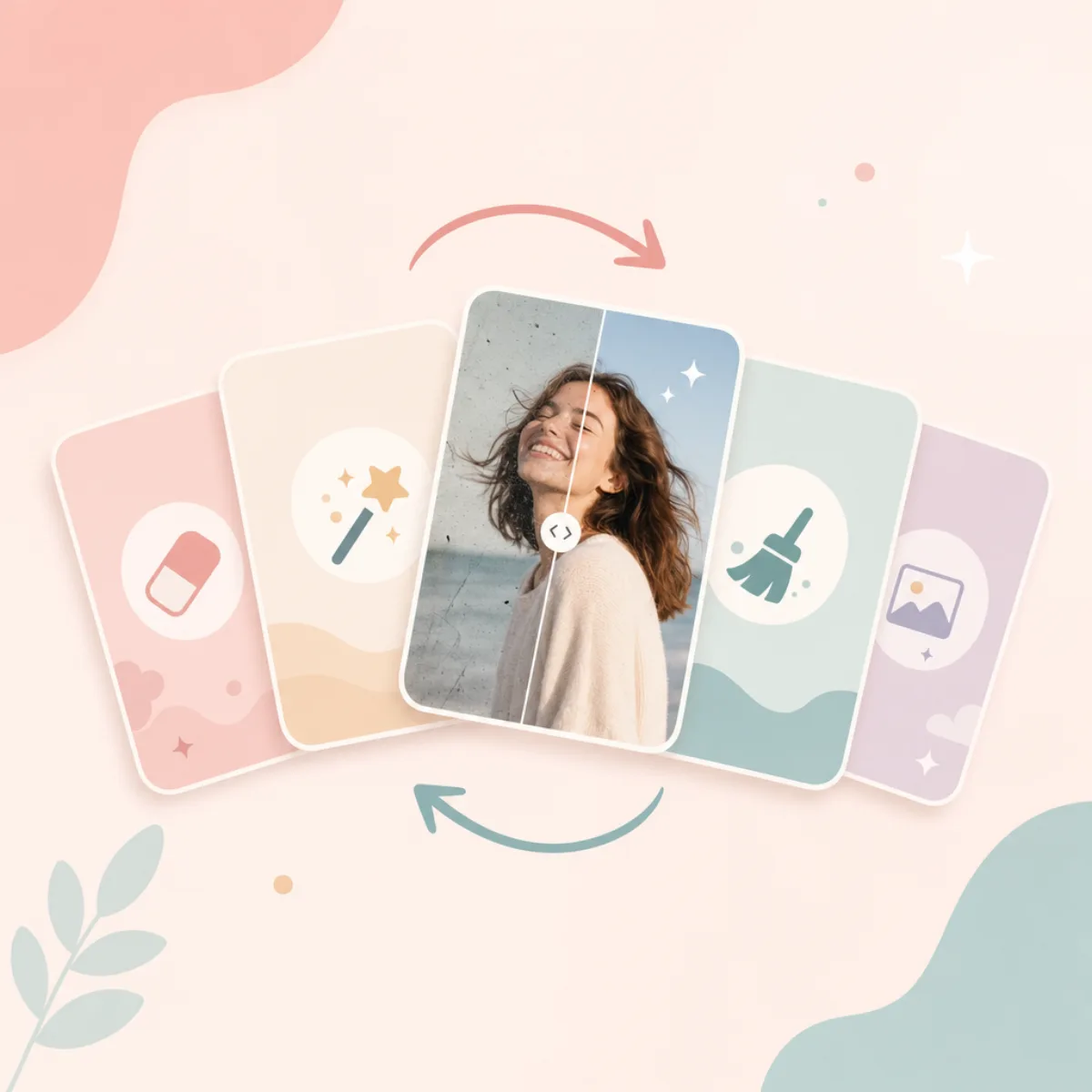 Editorial illustration of several pastel app tiles fanned out with swap arrows and a photo card mid-swipe, suggesting choosing an alternative photo-cleaner app