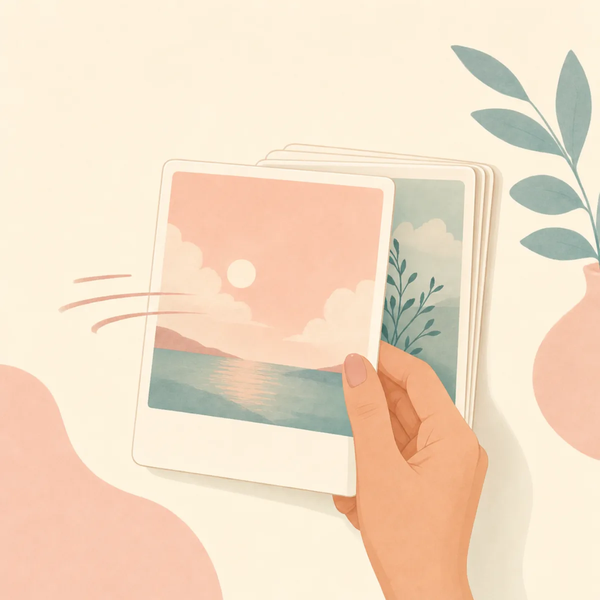 Editorial illustration of a hand swiping a pastel photo card to the left with soft motion lines and a stack of cards behind it