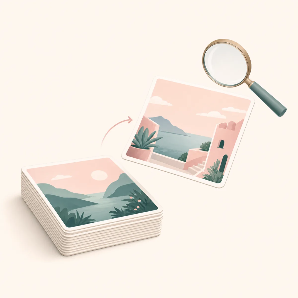 Editorial illustration of a photo card being swiped away from a stack, with a small magnifying glass hovering over it, soft pastel palette
