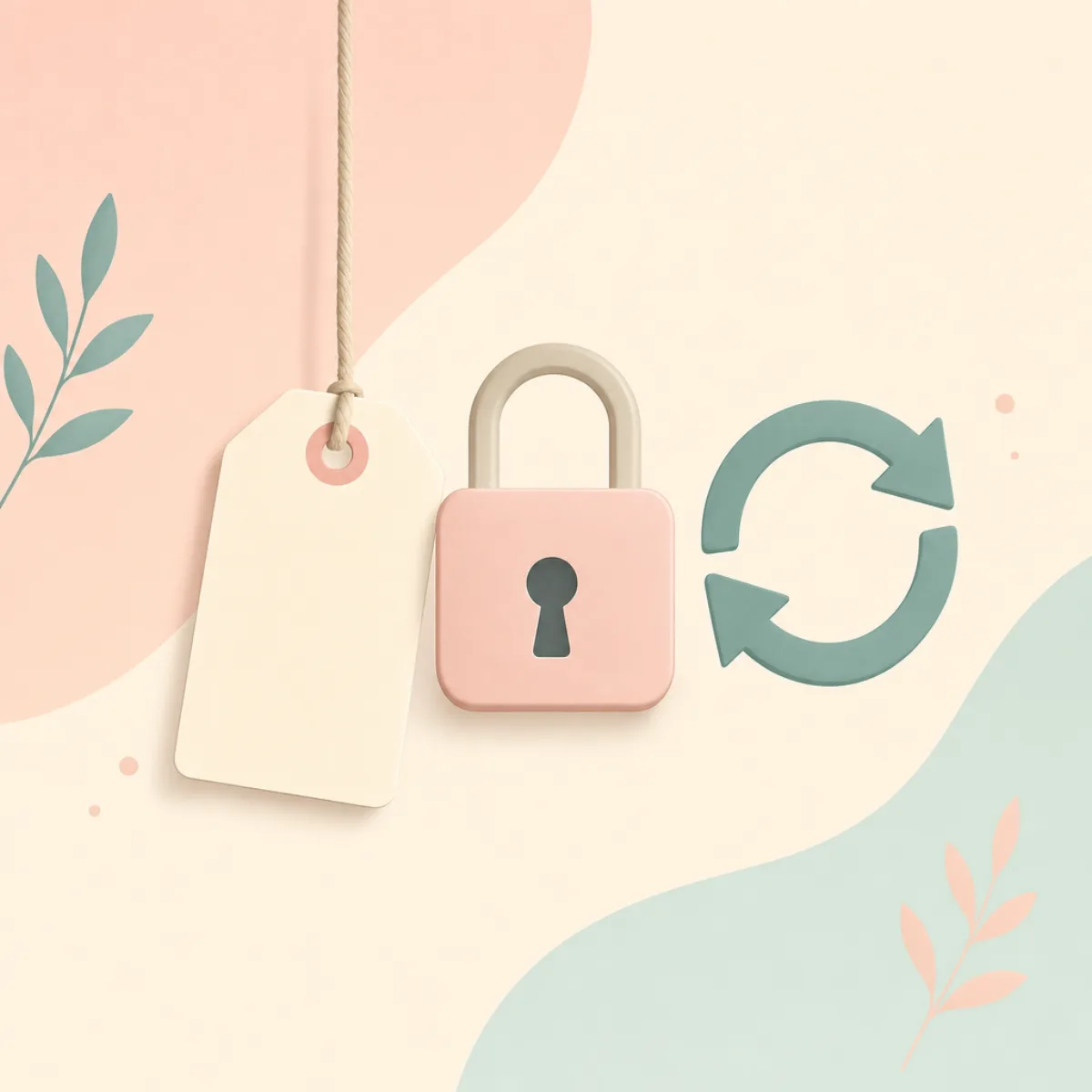 Editorial illustration of a blank price tag hanging beside a padlock and a recurring-renewal arrow symbol