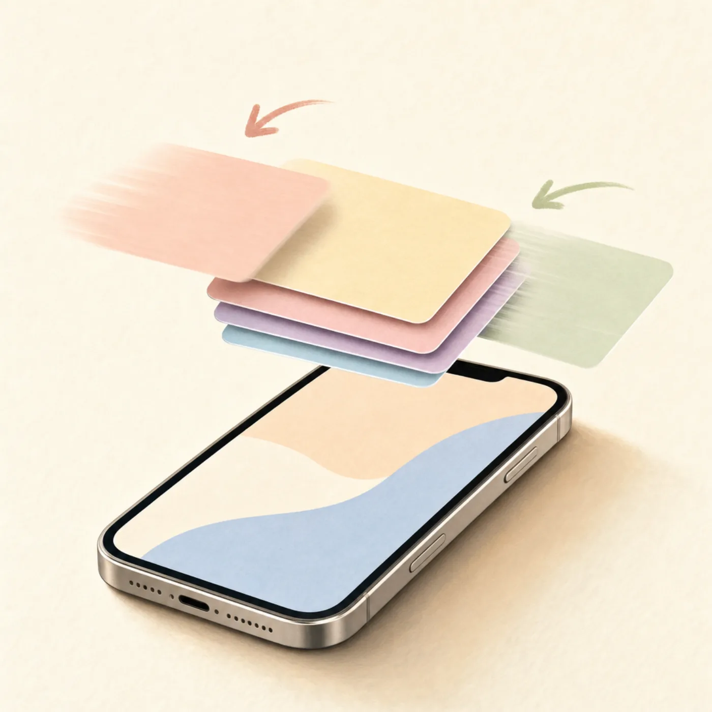 Illustration of an iPhone with a photo card mid-swipe, suggesting the swipe-to-delete cleanup workflow