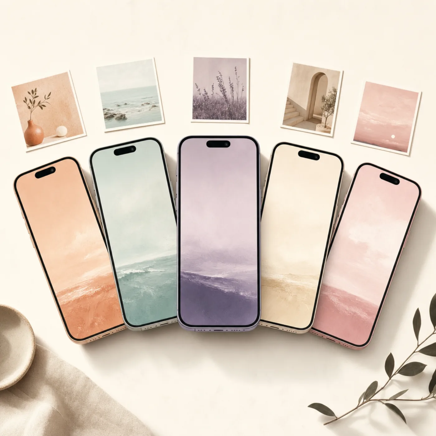 Five iPhones arranged in a fan shape, each with a different pastel screen color, suggesting the choice between cleaner apps
